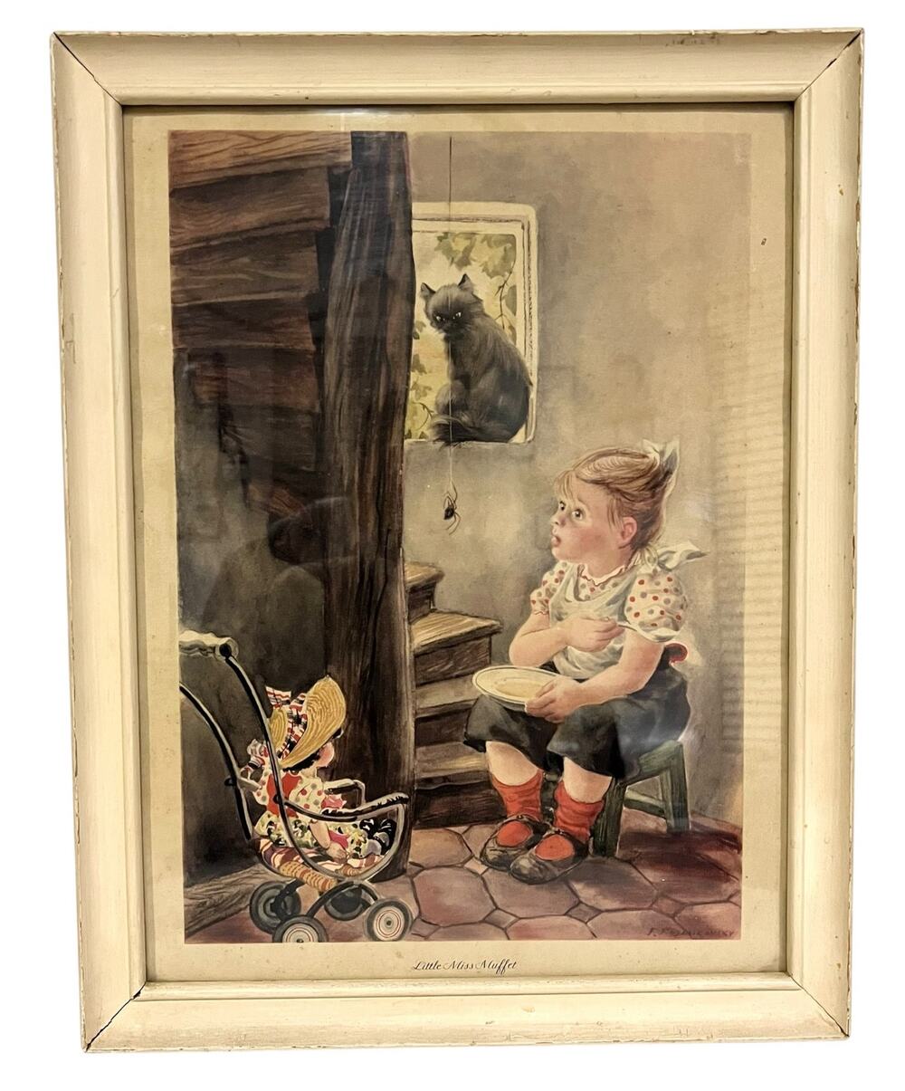 Vintage Framed Nursery Rhyme Print: "Little Miss Muffet" Rojankovsky 20x16”